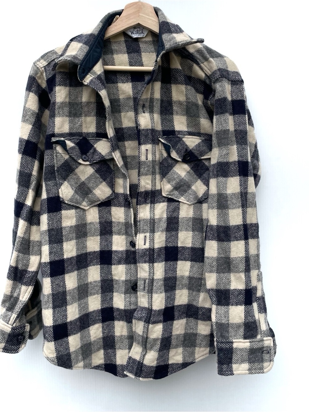Vintage Woolrich Cream and Navy Plaid Wool Blend Jacket
